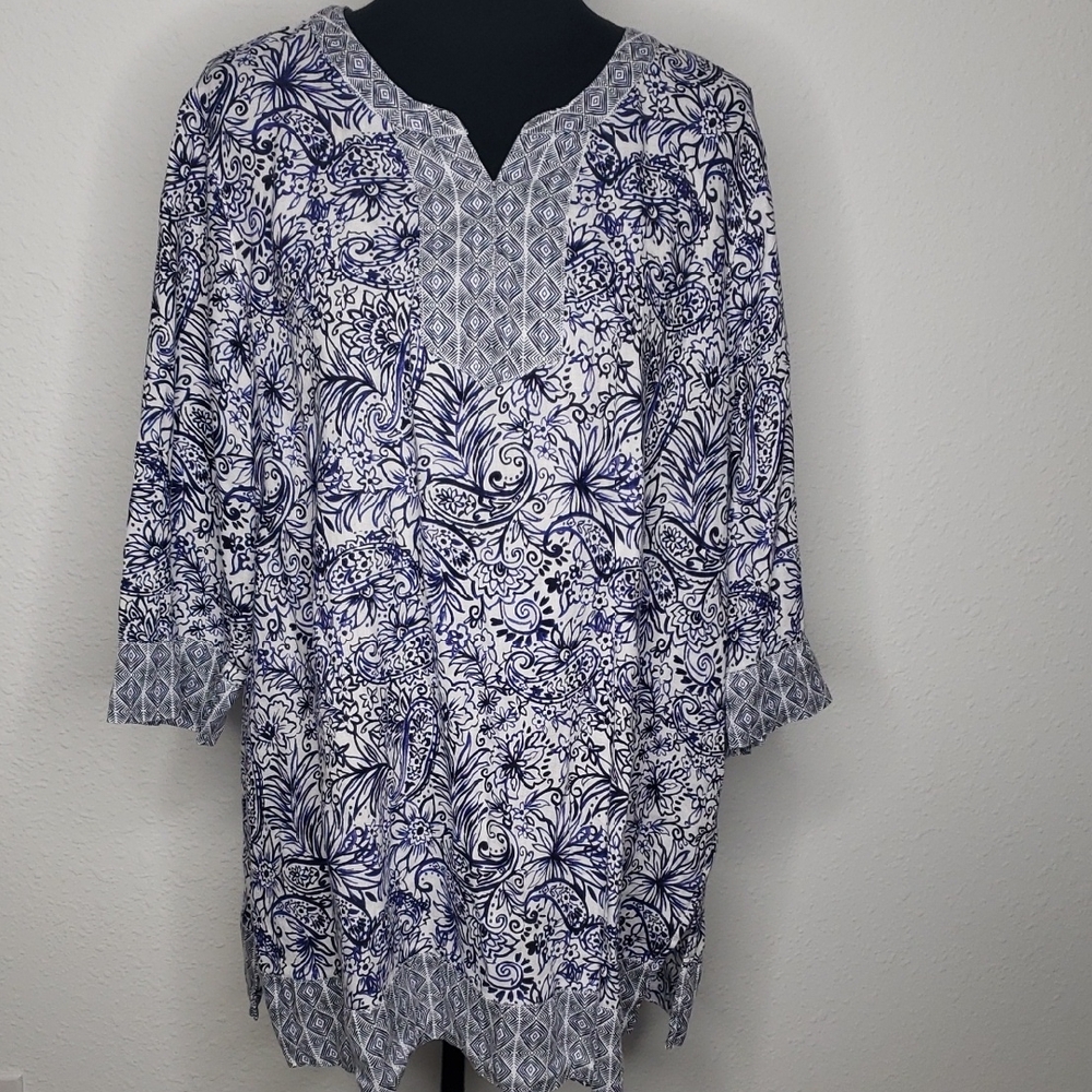 Sigrid Olsen Women 100% Linen Floral Boho 3/4 Sleeves Tunic Top Size 1X Coastal - Picture 1 of 14
